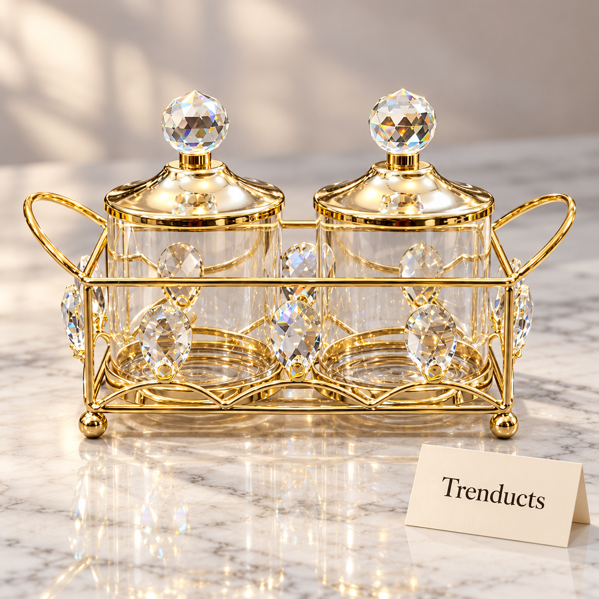 Gold Condiment Server - 2 Lidded Jars in Crystal Caddy