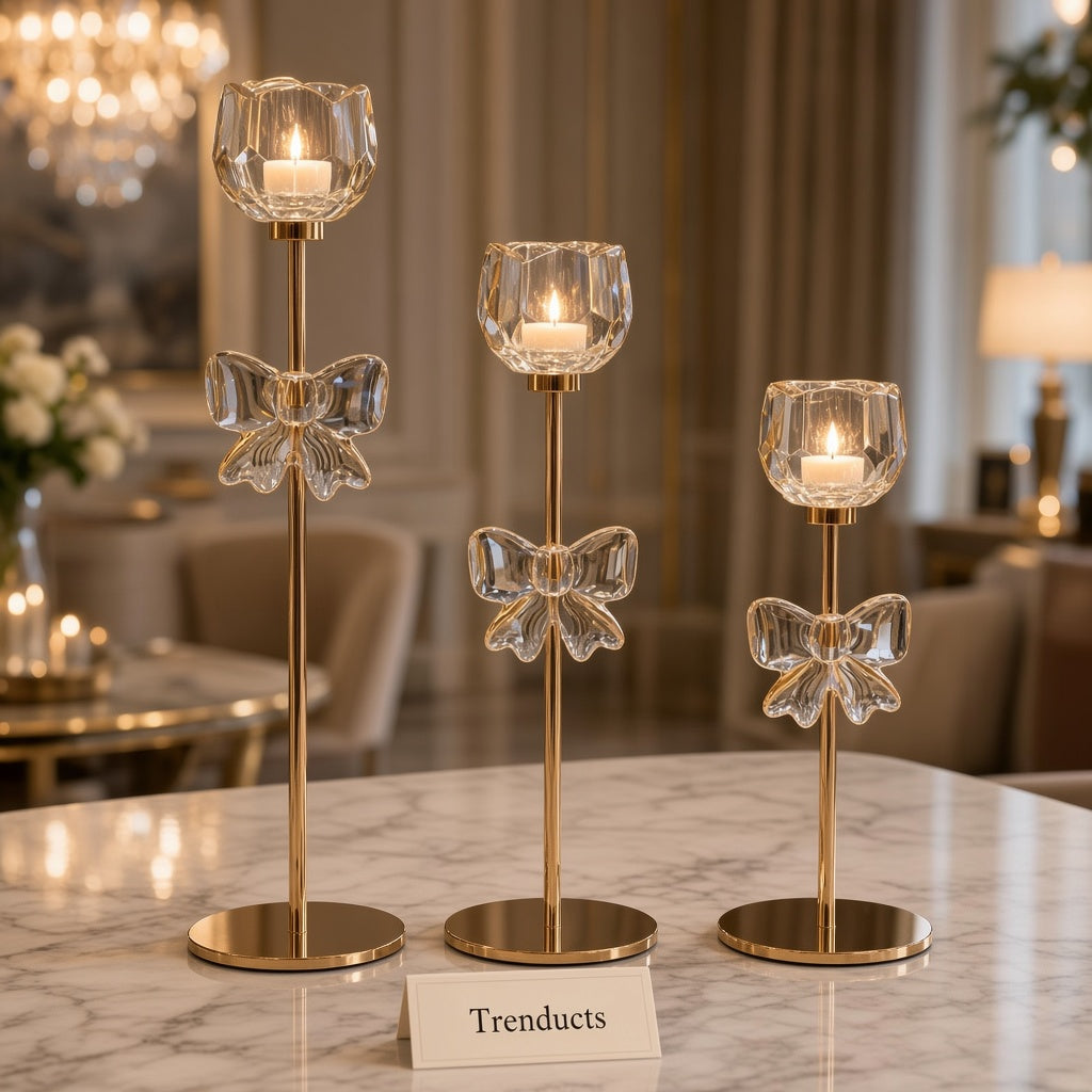 Metal Candle Stand Set of 3 with Glass Tulip Cups - Gold