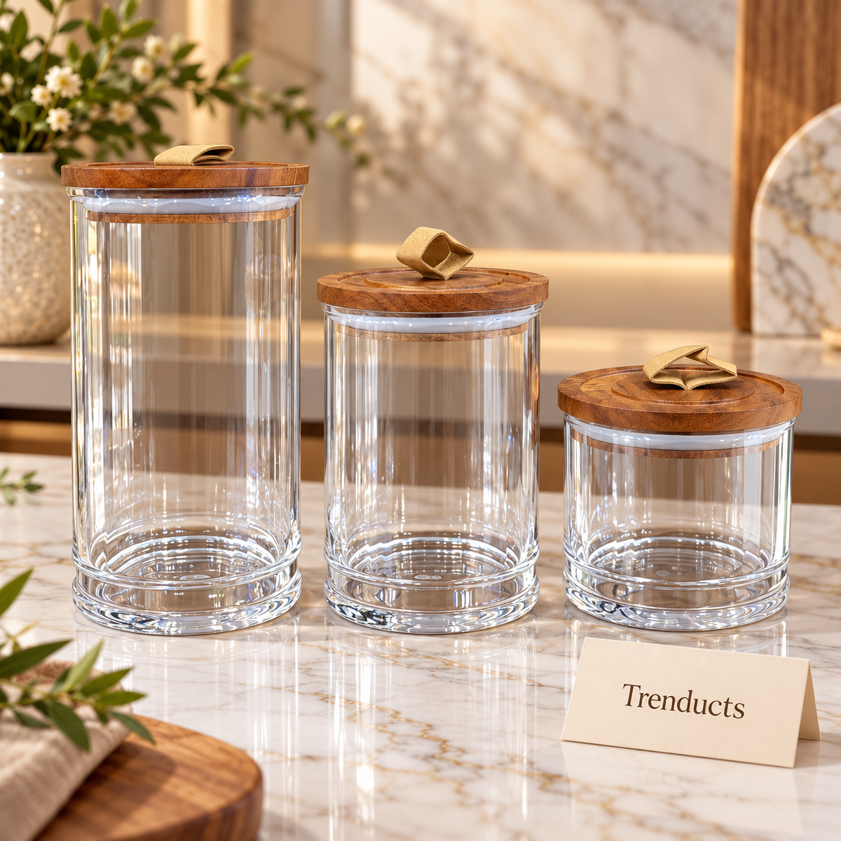 Round Acrylic Jar with Wooden Lid and Leather-Look Loop Handle