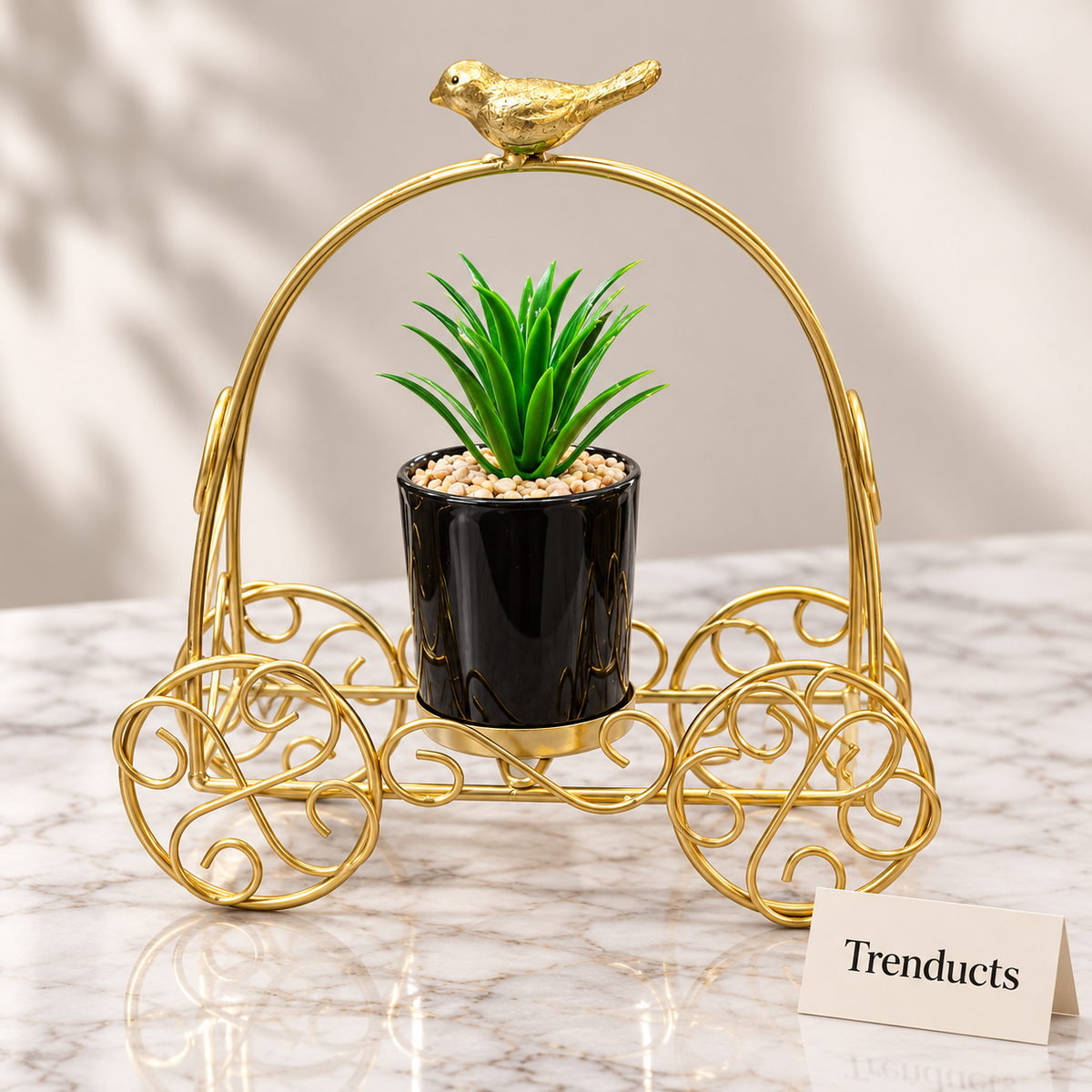 Gold Planter Stand - Wheel Cart Design with Black Pot