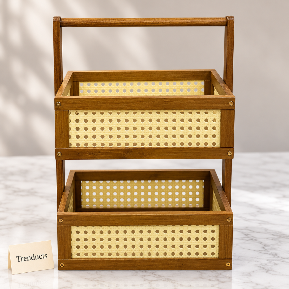 2-Tier Wooden Basket Stand - Rattan Look Kitchen Rack