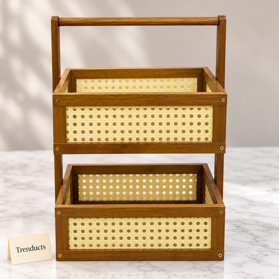 2-Tier Wooden Basket Stand - Rattan Look Kitchen Rack
