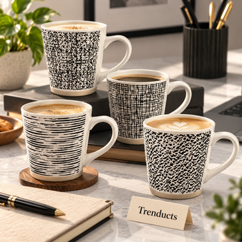Danny Home Porcelain Mug 400ml, black and white pattern mugs with coffee on a desk | Trenducts