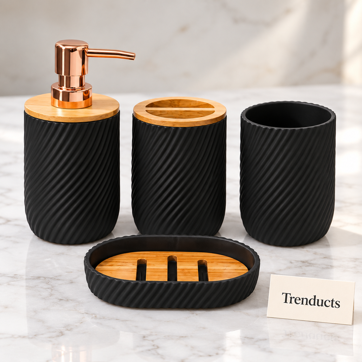 4 Pcs Bathroom Set - Black Ribbed with Wood Accents