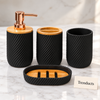 4 Pcs Bathroom Set - Black Ribbed with Wood Accents