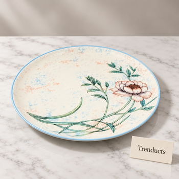 Dinner Plate in pink magnolia design on white marble in a studio | Trenducts
