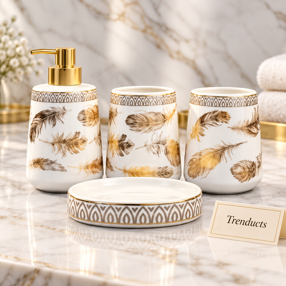 Brilliant 4-Piece Porcelain Bathroom Set - Gold Leaf