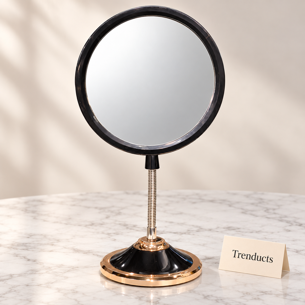 Table Mirror - Round Black Frame with Rose Gold Base