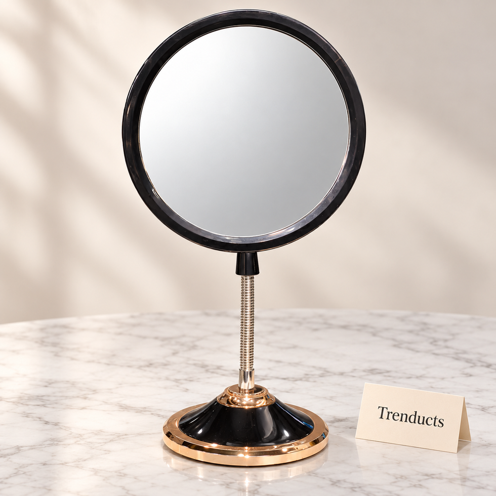 Table Mirror - Round Black Frame with Rose Gold Base