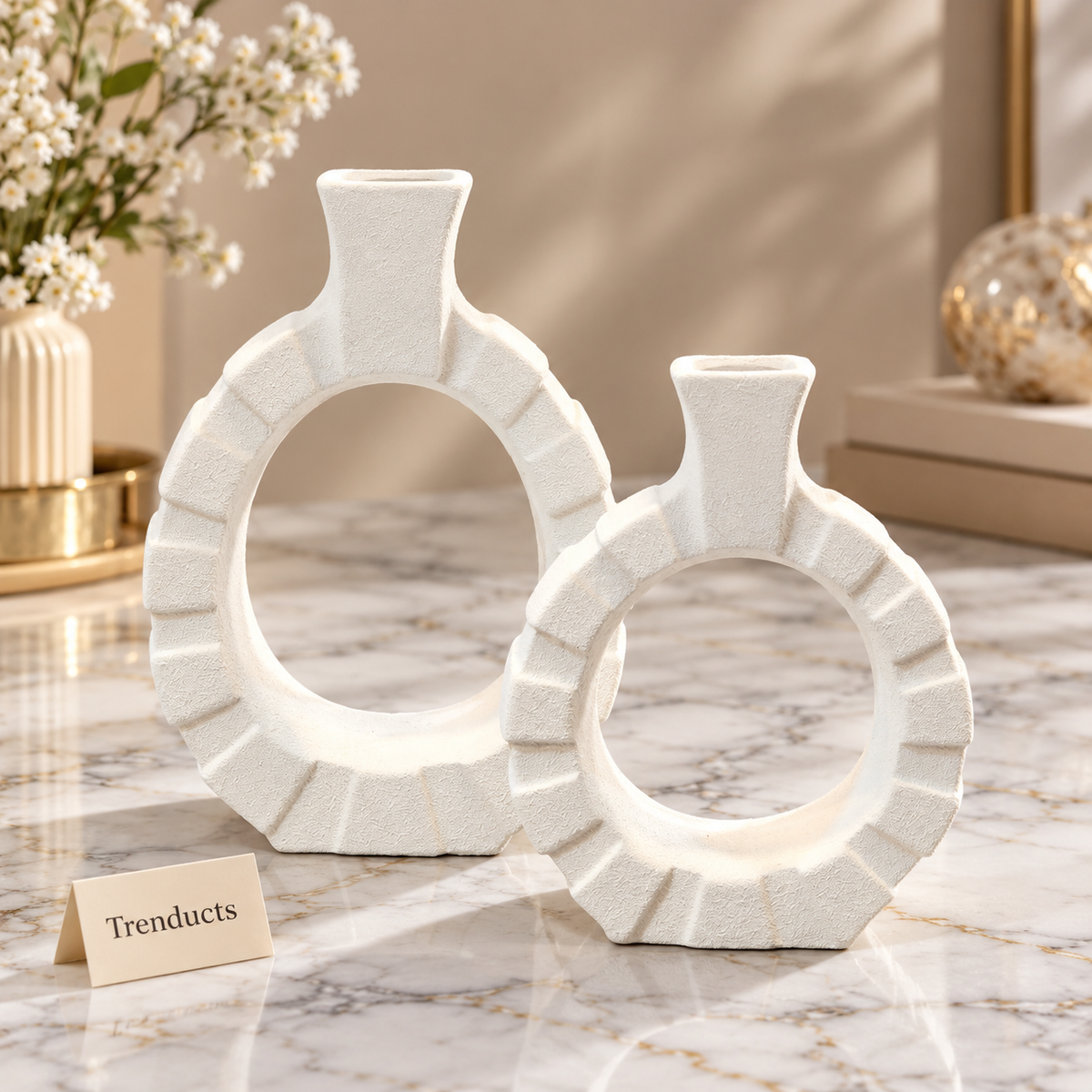 White Ring Vase - Textured Modern Decor for Home