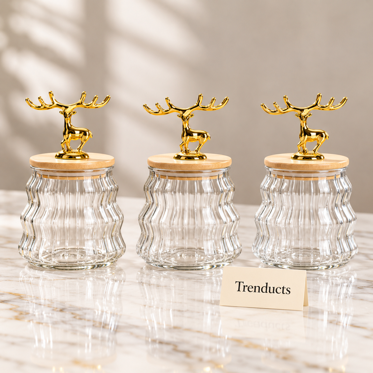3 Pcs Glass Jar Set - Ribbed with Gold Deer Lids