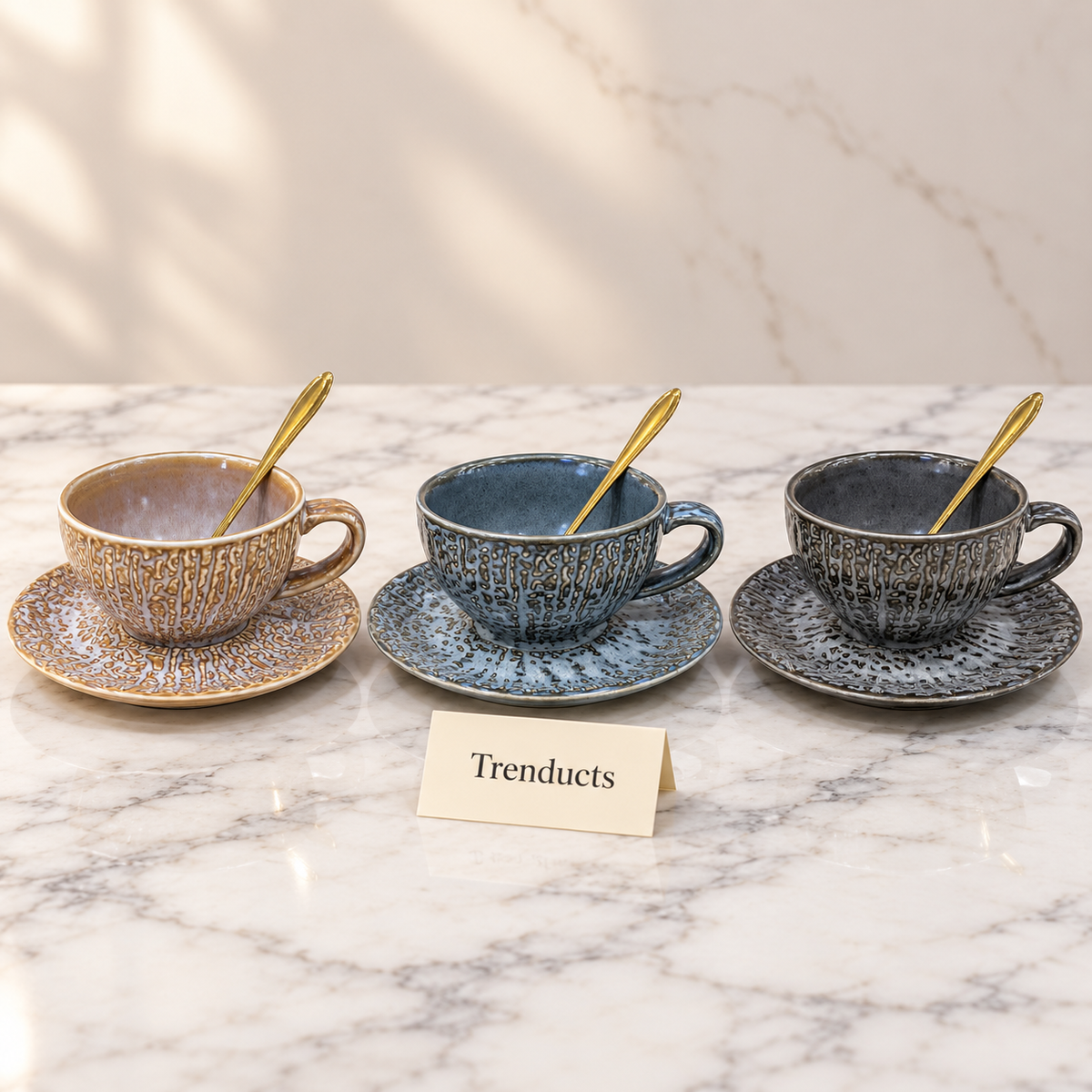 Luxury Cup and Saucer Set - Round Handle, Embossed Ceramic