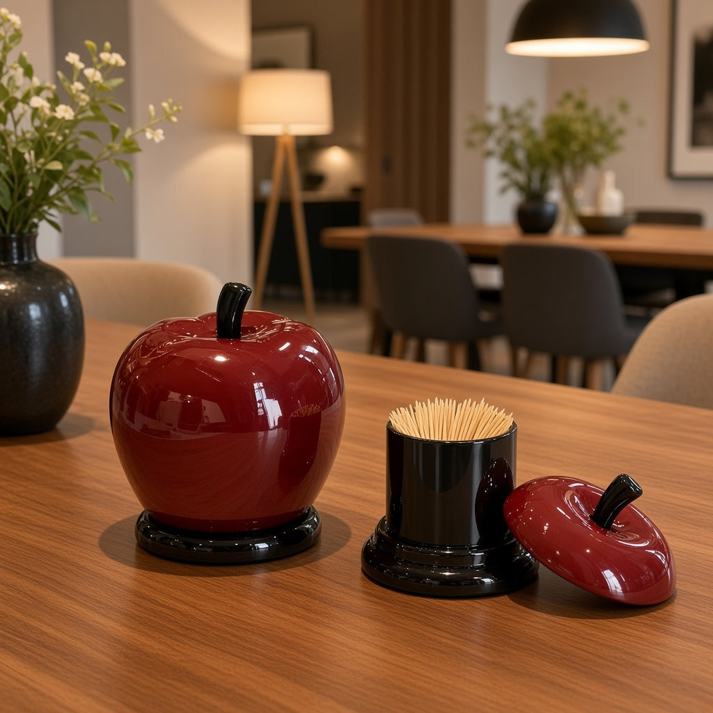 Plastic Toothpick Holder with Lid - Red Apple Design