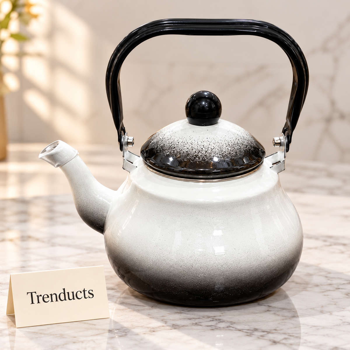 Enamel Coated Kettle - White & Black Ombre, Black Handle