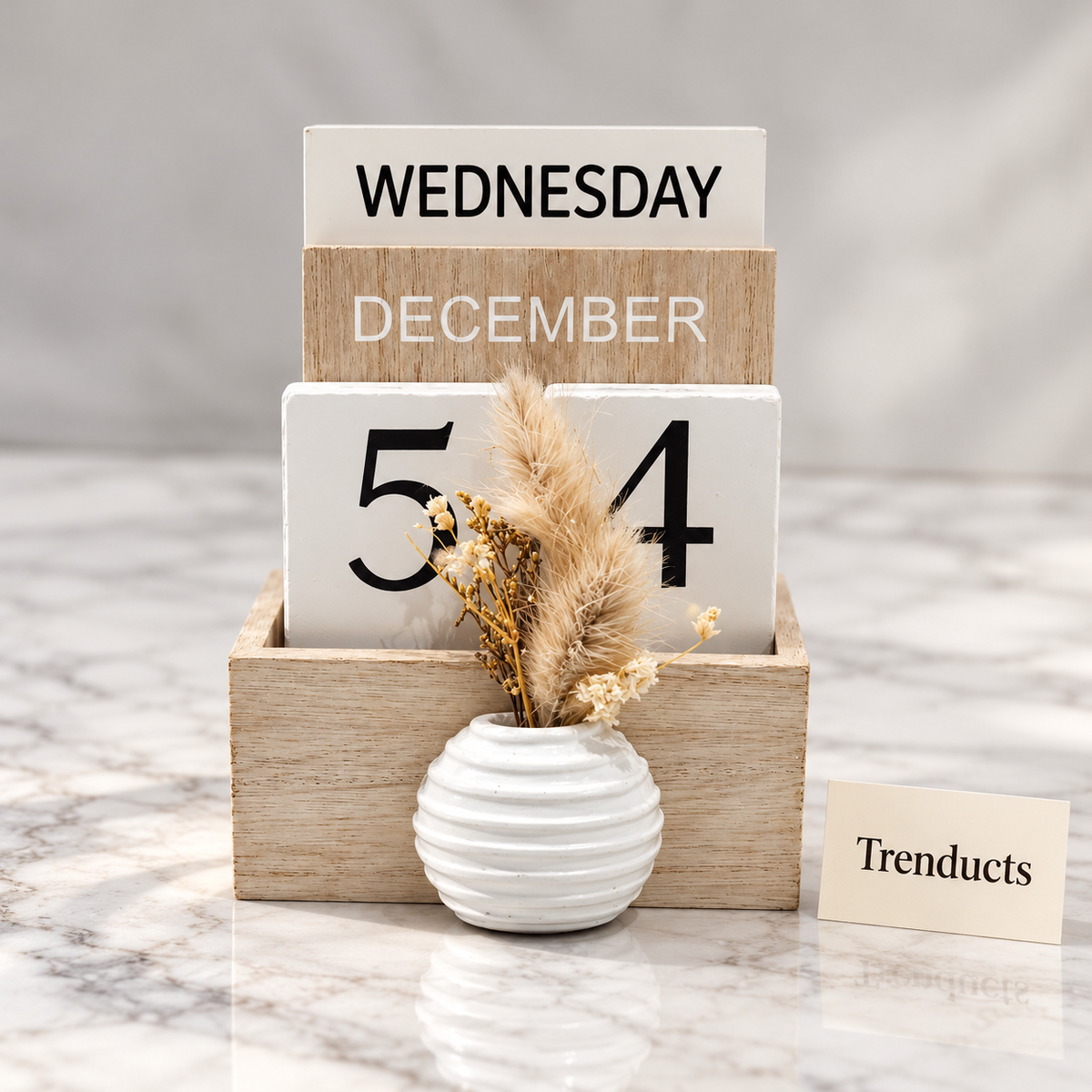 Wooden Desk Calendar - White Blocks with Pampas Vase