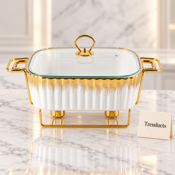 Ceramic Casserole Dish gold warmer stand studio view | Trenducts