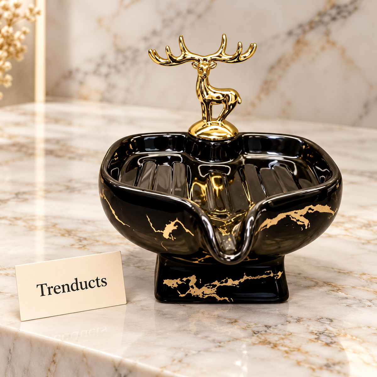 Brilliant Soap Dish with Gold Deer - Cream Porcelain with Gold Veins