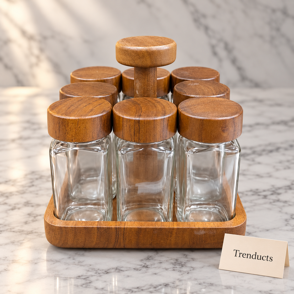Revolving Spice Rack with Square Glass Jars and Wood-Tone Lids