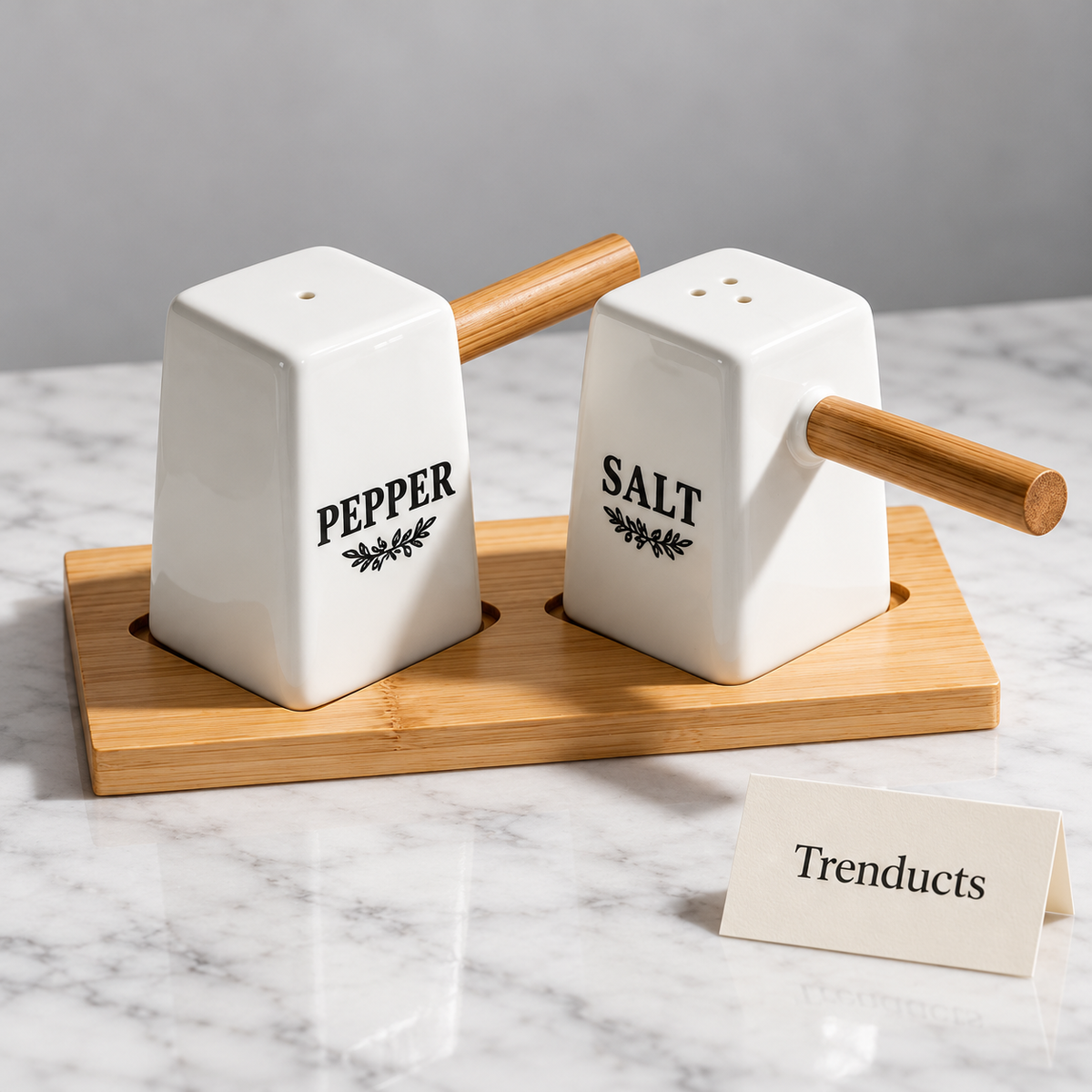 White Salt and Pepper Shakers - Wooden Handles & Tray