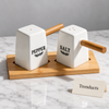 White Salt and Pepper Shakers - Wooden Handles & Tray