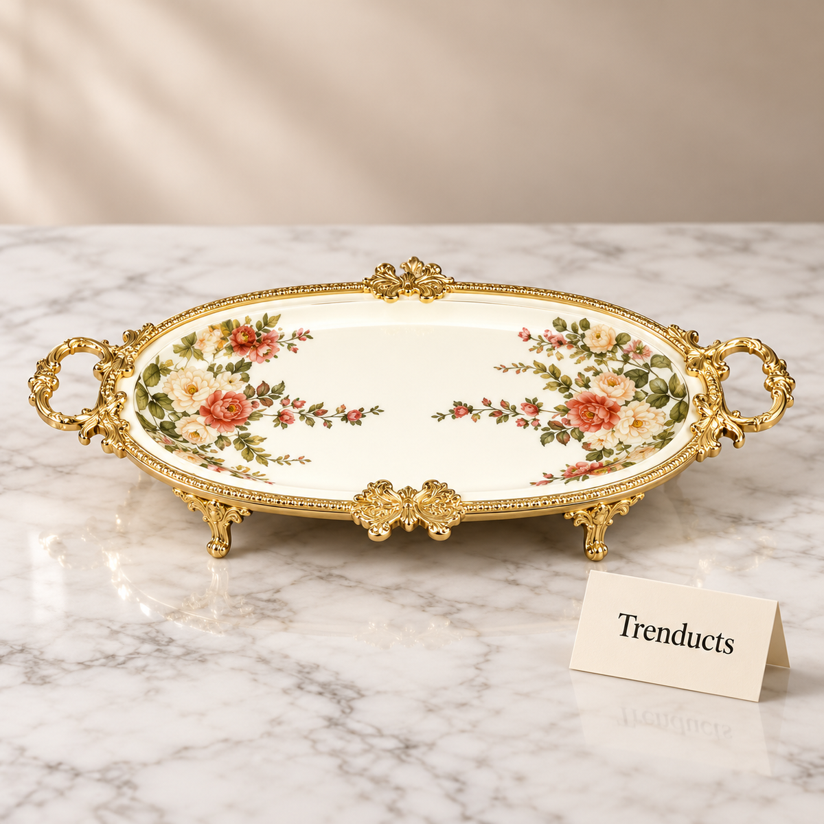 Brilliant Oblong Deep Tray - Pink Floral Gold Frame