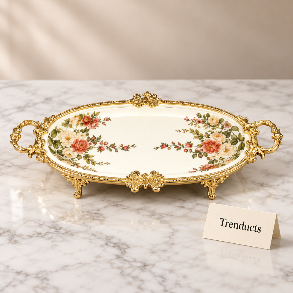 Brilliant Oblong Deep Tray - Pink Floral Gold Frame