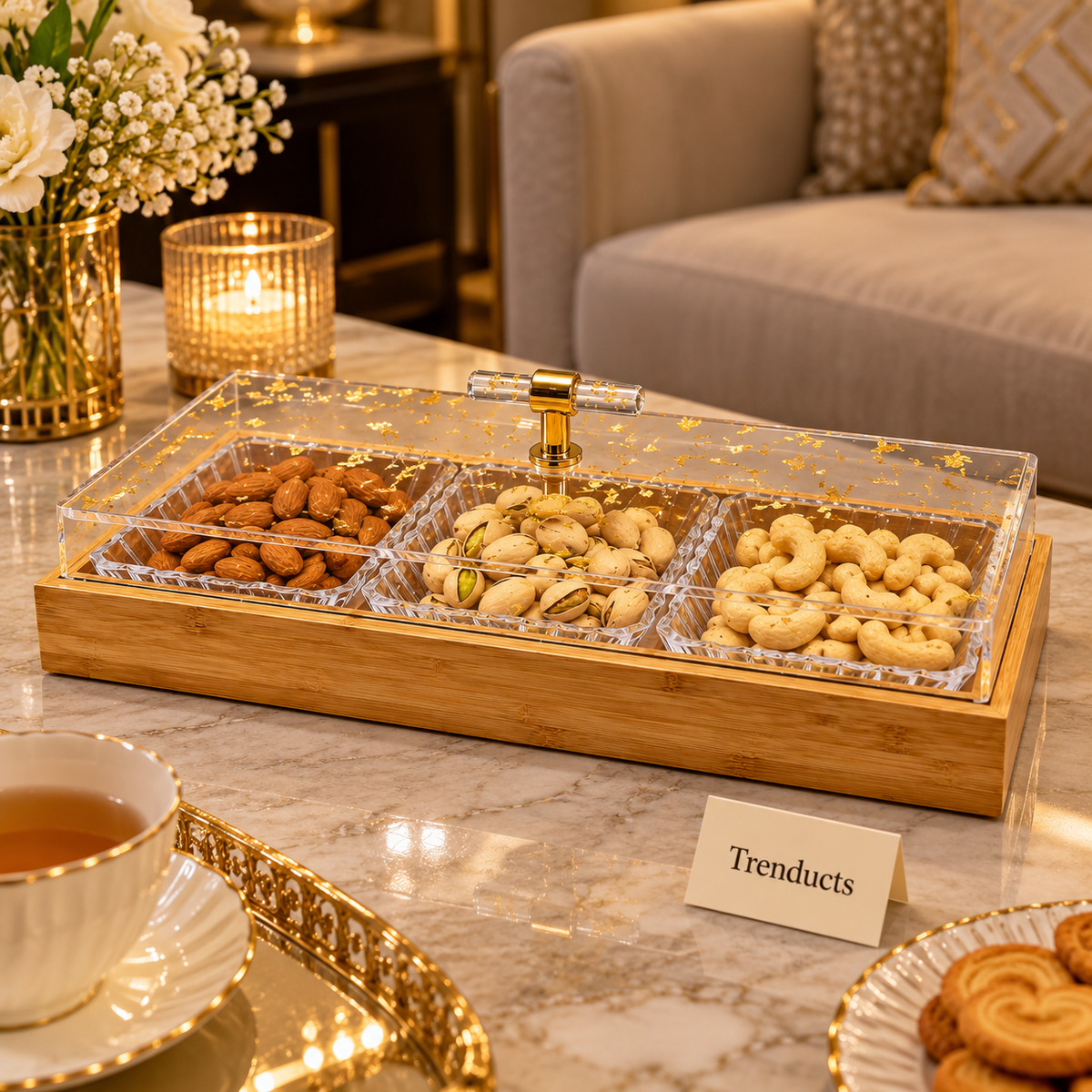 Bamboo Dry Fruit Tray with Acrylic Lid - 3 Sections, 14.5in