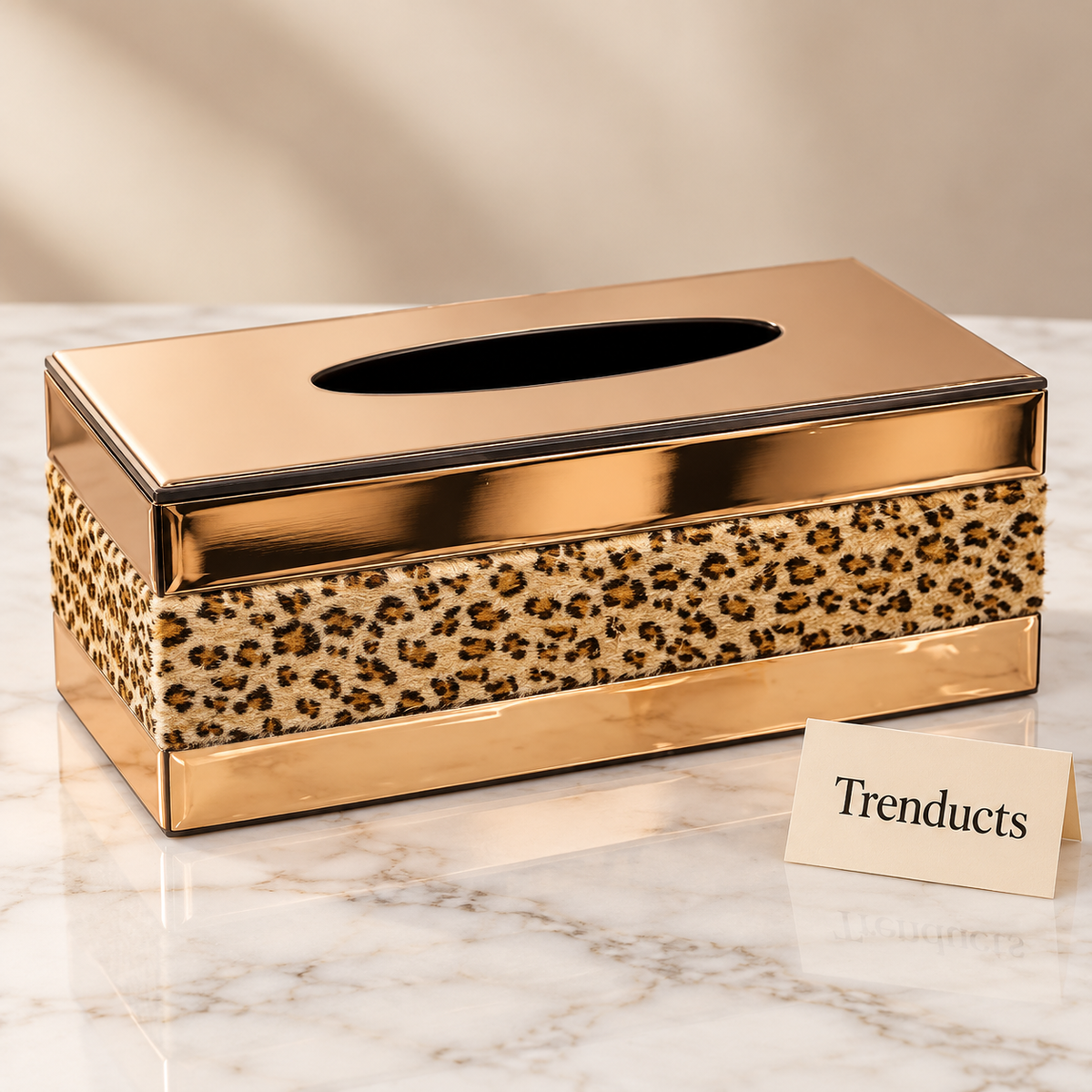 Luxury Leopard Print Tissue Box Cover - Beige with Rose Gold Top