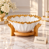 Ruffled Gold Rim Ceramic Bowl with Wooden Stand - 25 cm