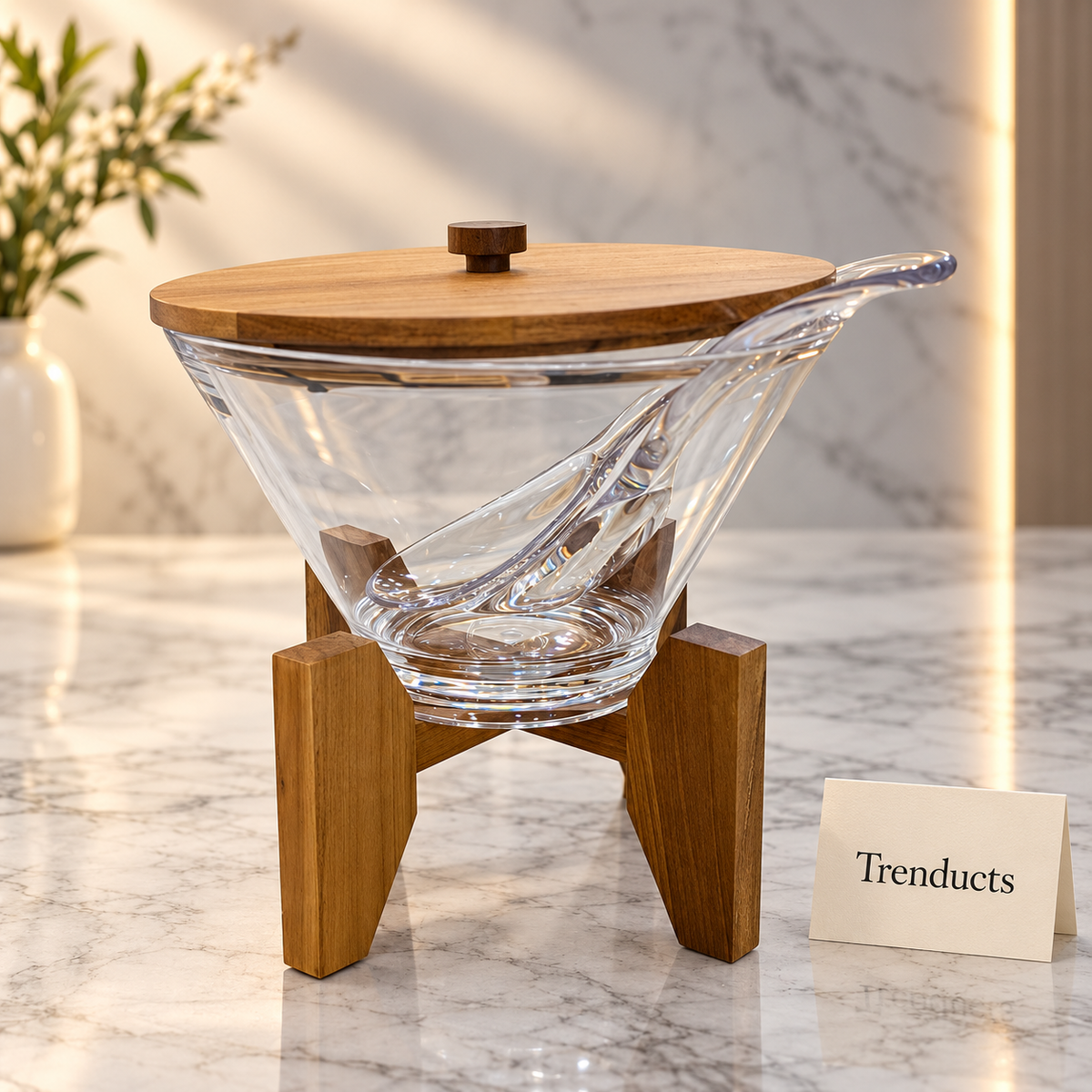 Cone Salad Serving Bowl with Wooden Stand, Lid and Serving Spoon