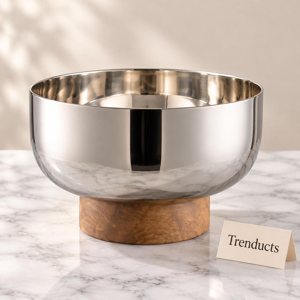 Premium Silver Bowl with Wooden Base - Polished Steel