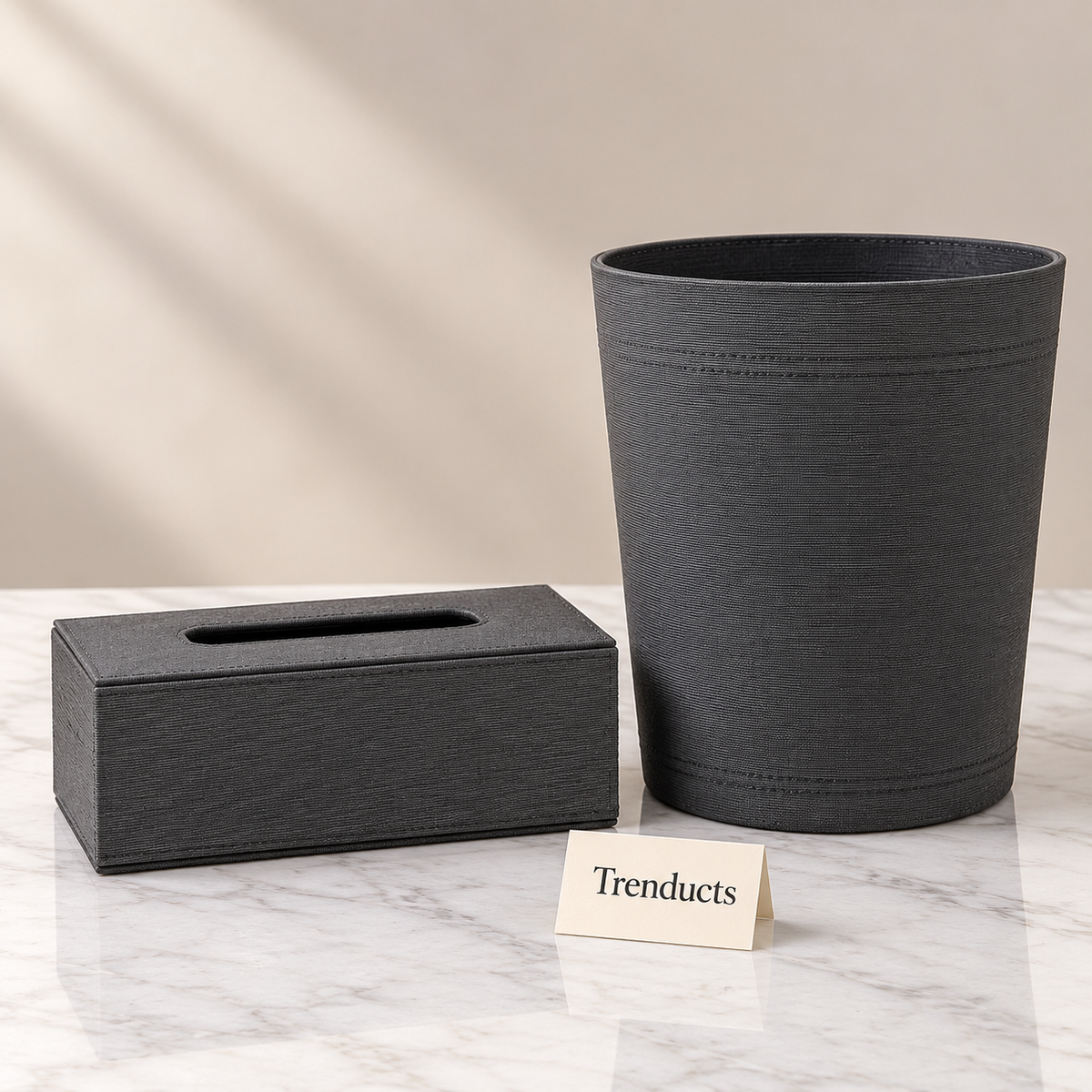 Luxury Texture Tissue Box & Dustbin - Charcoal Ribbed