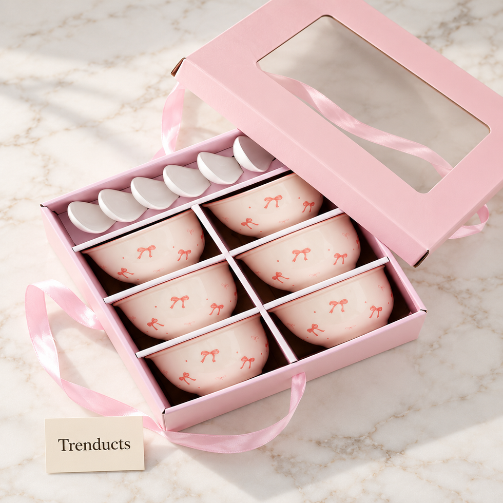 Bow Print Bowl Gift Set - 6 Bowls and 6 Spoons