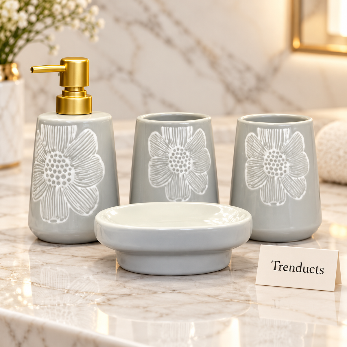 Brilliant 4 Piece Bathroom Set - Grey Line-Art Flowers