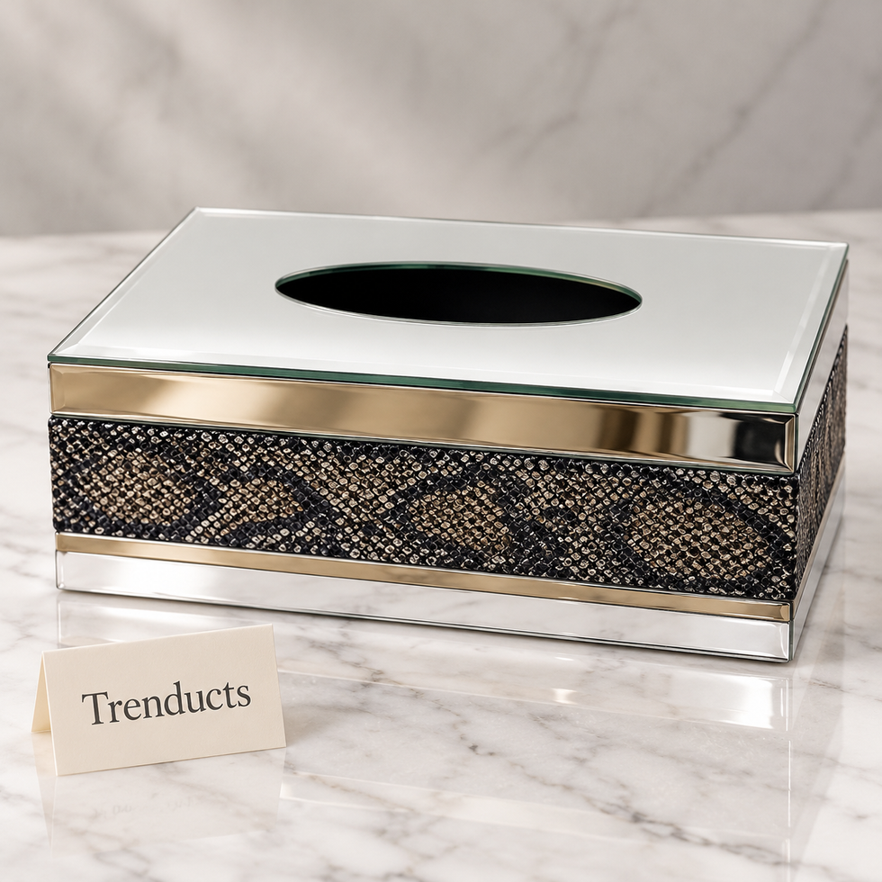 Luxury Tissue Box Cover - White Mirror Glass with Snakeskin Trim