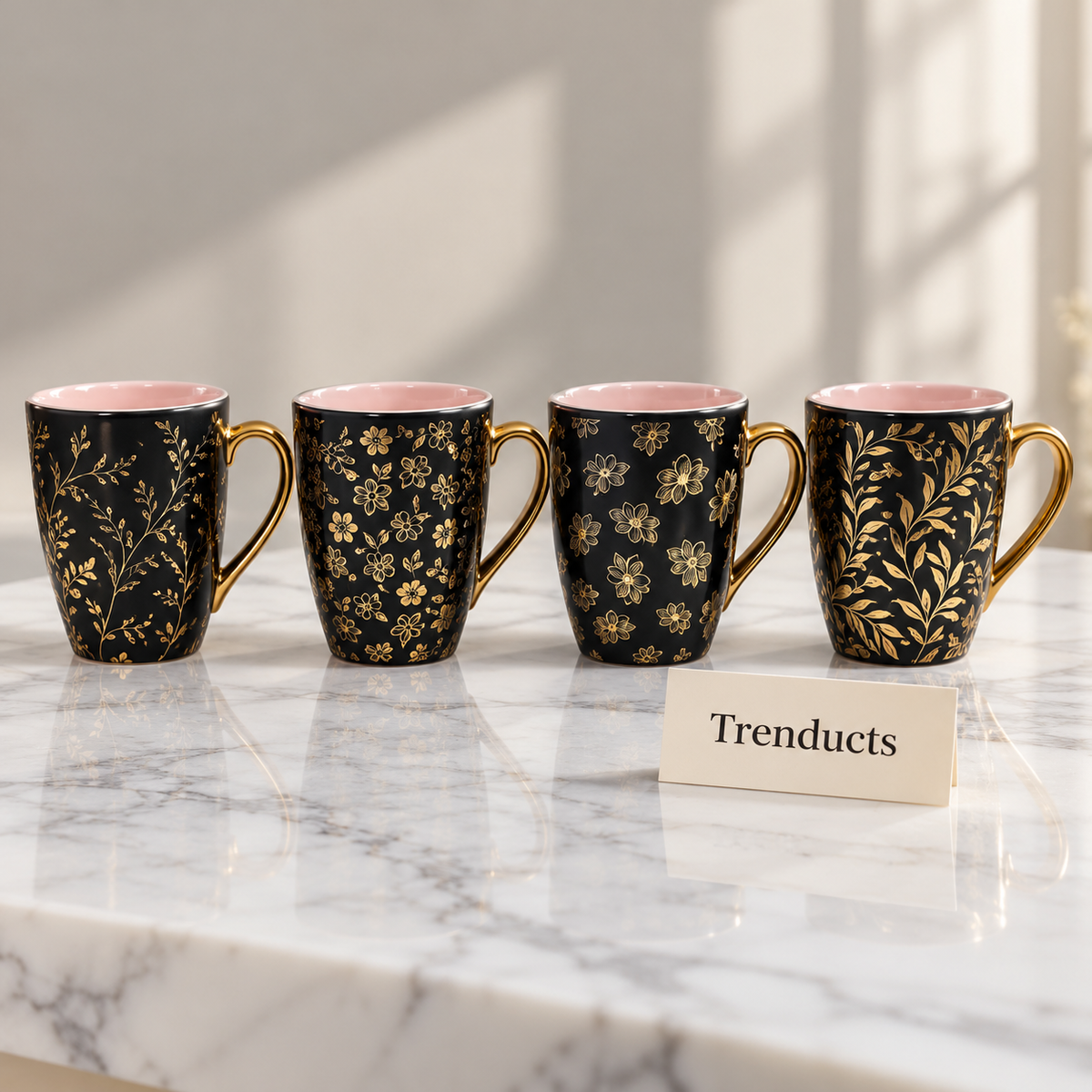 Black and Gold Mug 350 ml - Floral Leaf Print (Random)