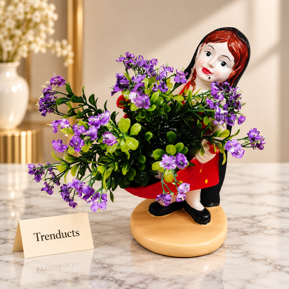 Girl Figurine Flower Planter with Artificial Purple Flowers