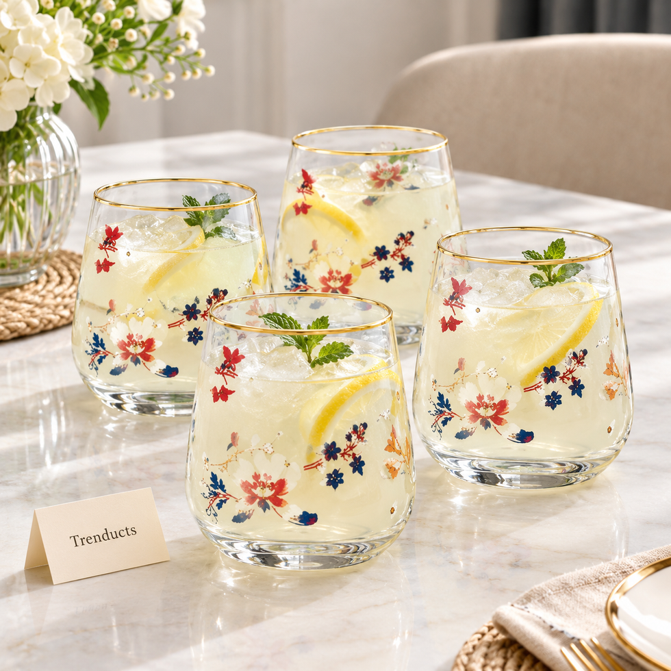 Danny Home Floral Gold Rim Stemless Glass Set of 4 - 420ml