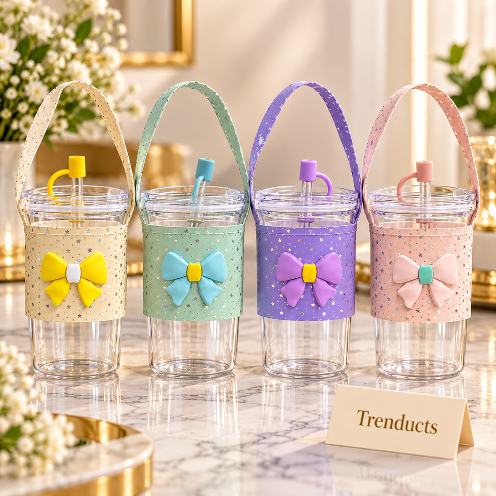 350ml Glass Sipper with Straw, Bow Sleeve and Hanging Strap (Random Color)