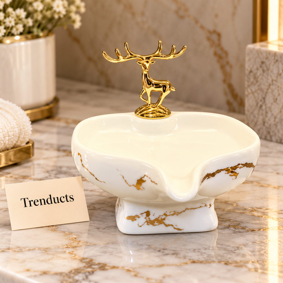 Brilliant Soap Dish with Gold Deer - Cream Porcelain with Gold Veins