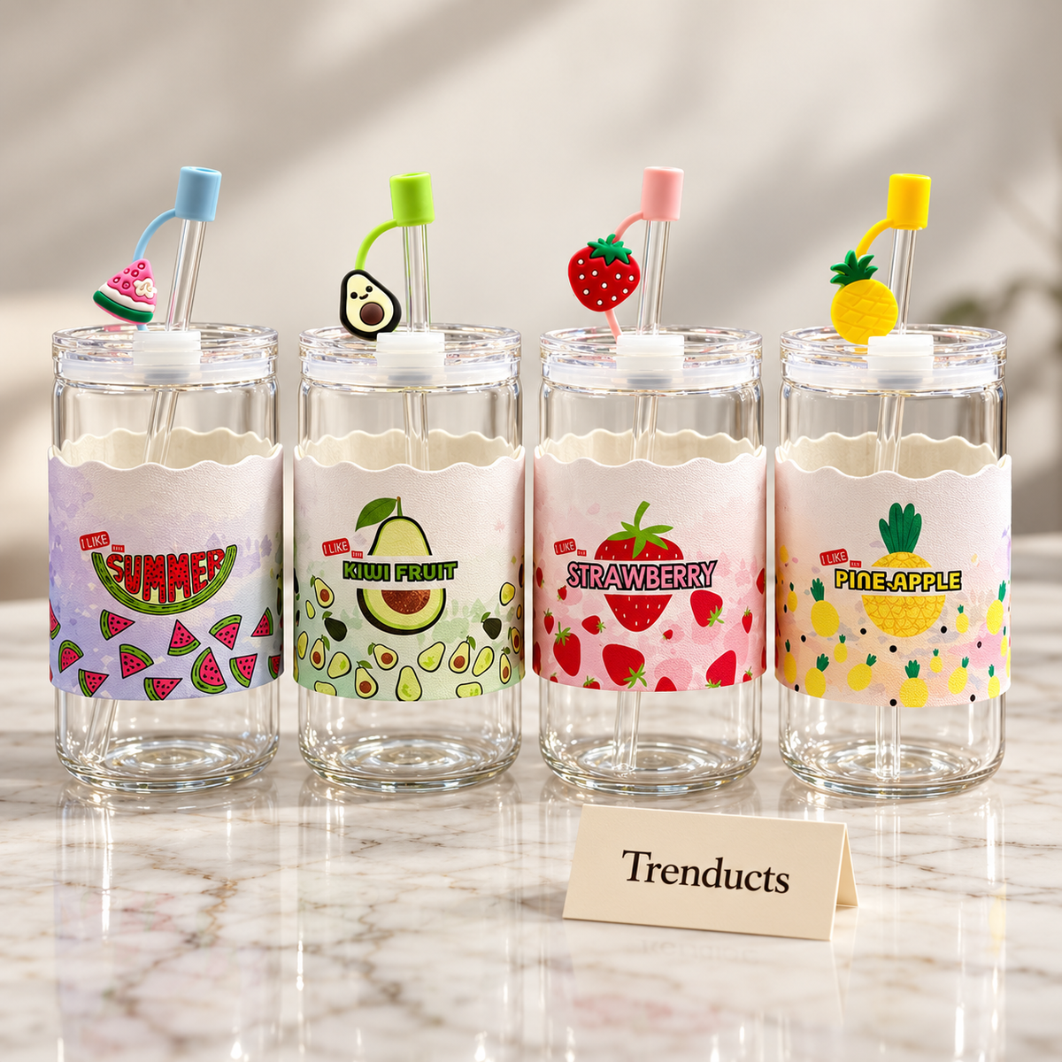 Fruit Glass Mug with Straw - Fruit Print Sleeve (Random)