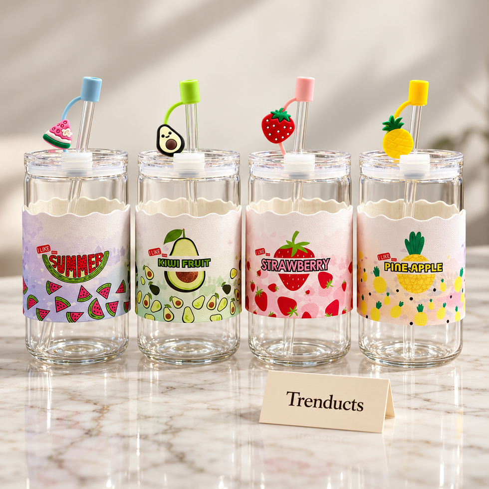 Fruit Glass Mug with Straw - Fruit Print Sleeve (Random)