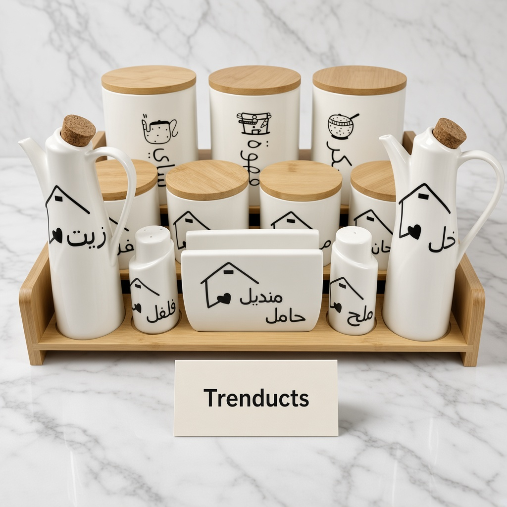 Ceramic Kitchen Jar Set on Bamboo Tray - Arabic Labels