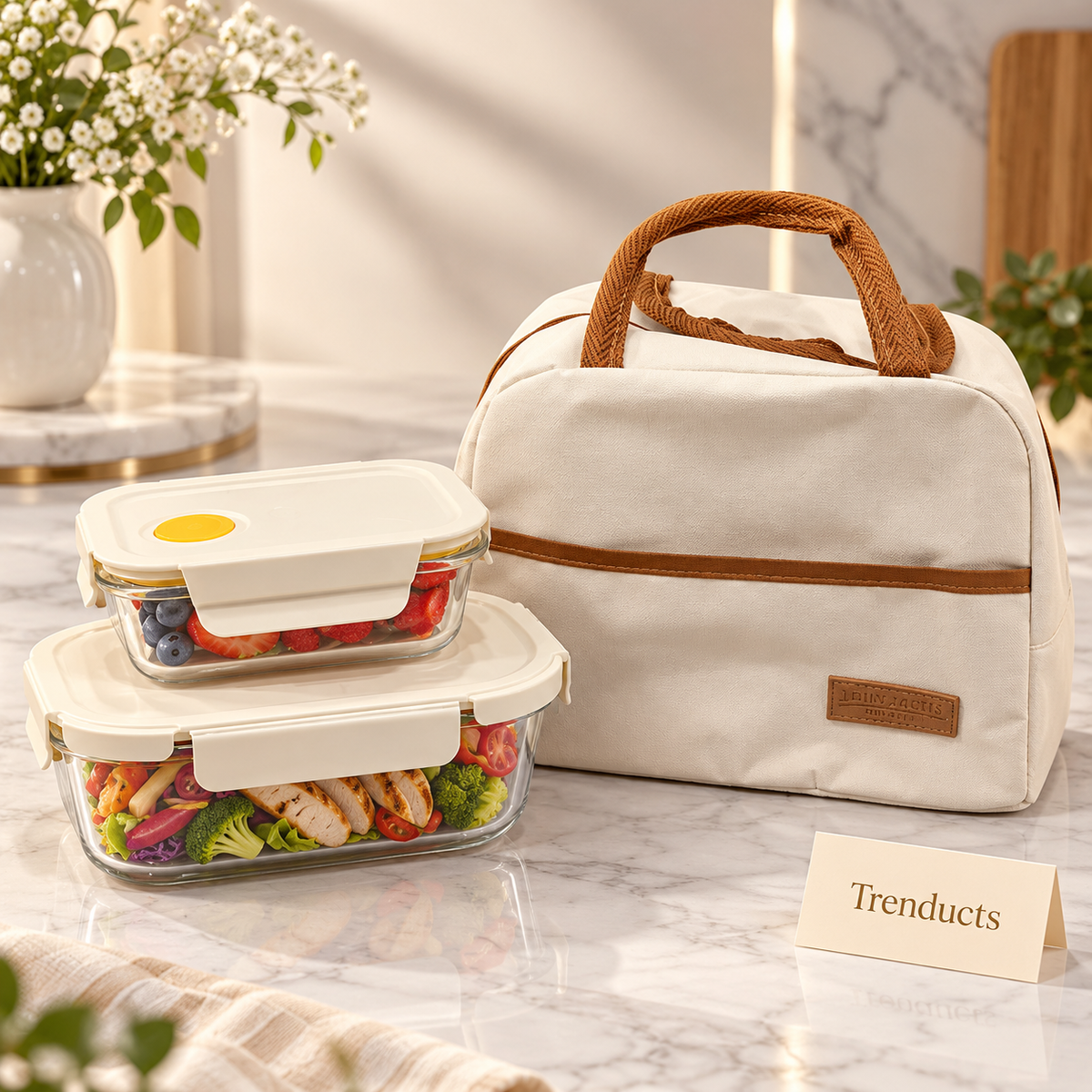 Glass Lunch Box Set with Cream Bag - 400ml and 850ml Containers