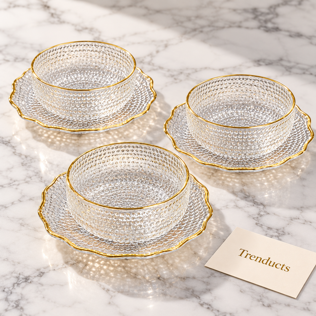 Hobnail Glass Bowl Set with Gold Rim Saucers - 6 Pcs