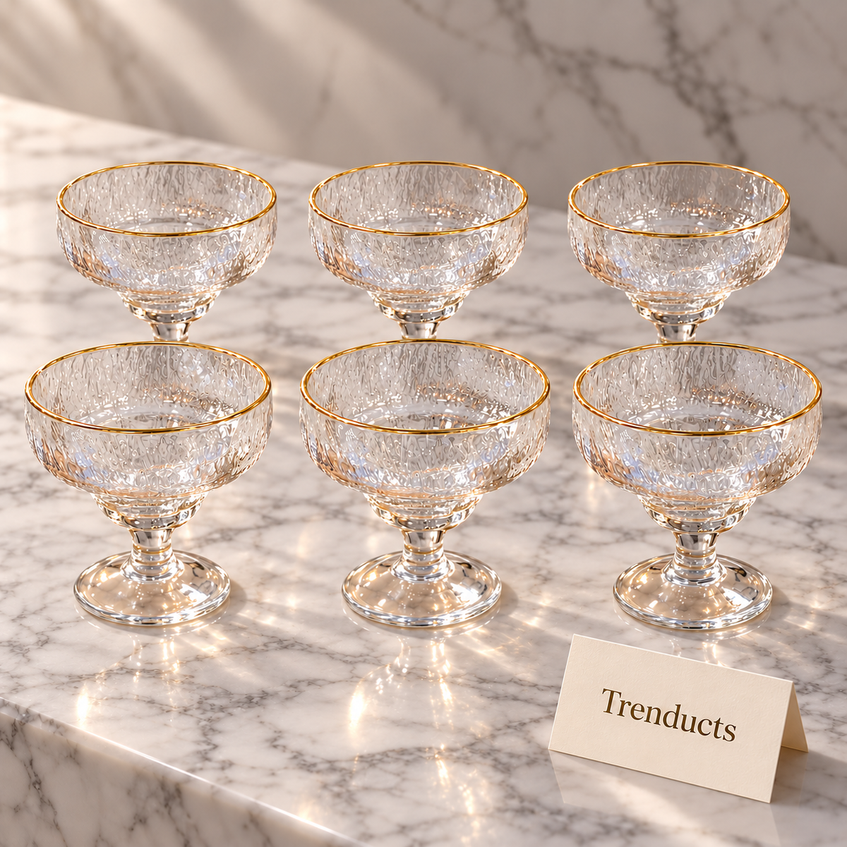 Hammered Glass Footed Ice Cream Bowl Set with Gold Rim - 6 Pcs