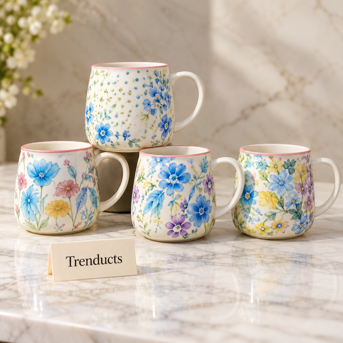 Blue Watercolour Flower Mug 420 ml - Pink Rim (Random)
