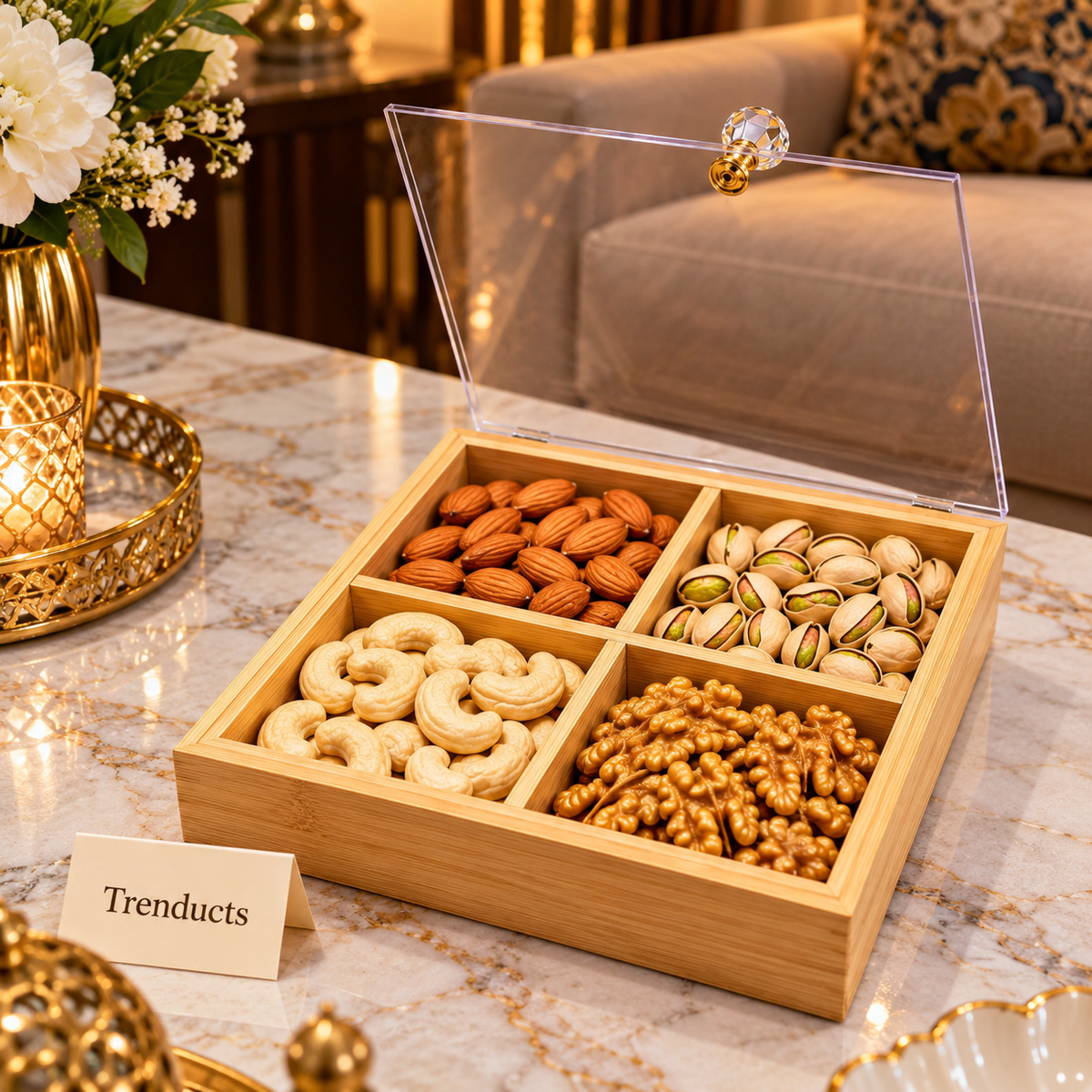Bamboo Wood Dry Fruit Box with Acrylic Lid - 4 Compartments