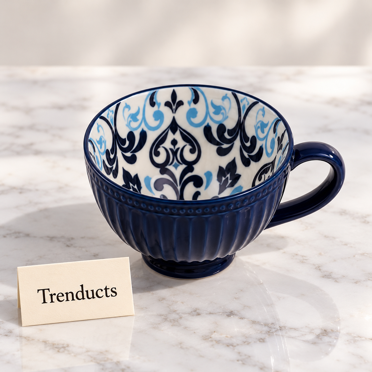 Danny Home Wide Mug 355ml - Navy Ribbed with Blue Pattern