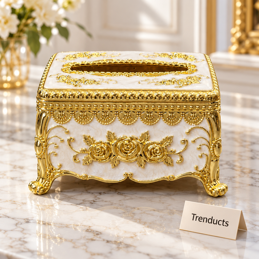 Ornate Tissue Box Cover - White & Gold Floral Design
